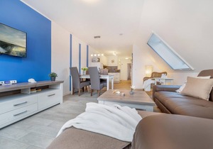 Bright, modern vacation apartment with upscale furnishings and a view of the Bodden
