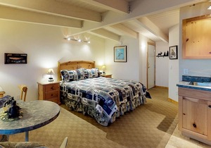 Lakefront studio with bay views, AC, balcony, dock for swimming & kayaking