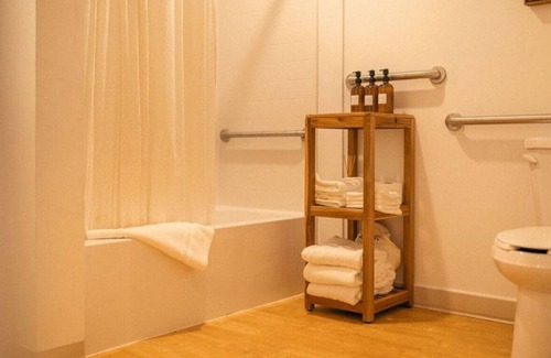 Duluth Apartment | Cozy pretty bathroom, great views of Bent Paddle Brewery