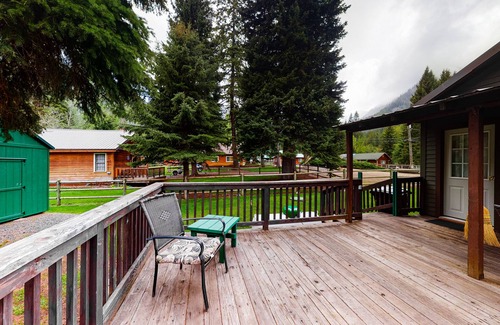 Wallowa County House | Riverfront cabin with large yard, great deck, fireplace, washer/dryer, & WiFi