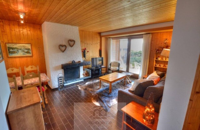 Apartment with entrance corridor, bathroom/WC, bedroom with 2 single beds. Living room with chimney