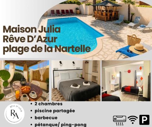 Rêve D'azur plage de la Nartelle, maison Julia avec Piscine partagée, Parking & Terrasse BBQ, Wifi et Draps Inclus