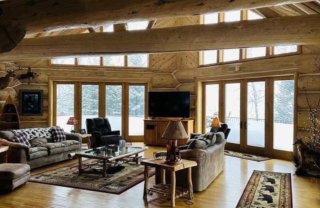 Total privacy, private beach, one of a kind full log home