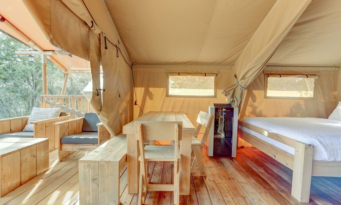 Johnson City RV Rental | Glamping Escape with AC on Winery in Hill Country