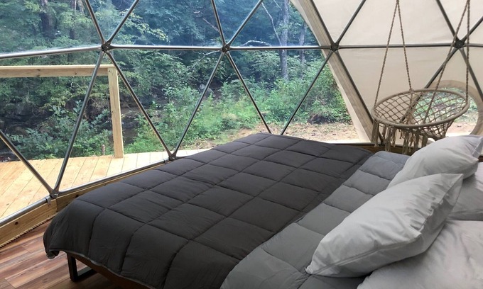 Deep Gap RV Rental | Glamping Geodesic Dome Tent - Trout Stream, Fire Pit & Privacy