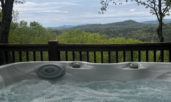Morganton Cabin | Log cabin with awesome mountain views: Hot Tub, Game Room, Fenced Yard
