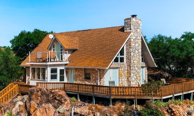 Buchanan Dam House | Lovely 2-story home with upper & lower decks, gorgeous lake & Hill Country views