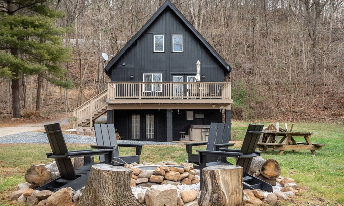Shenandoah Cabin | Modern Riverfront A-Frame Cabin w/Hot Tub, Fire Pit, Kayaks, Canoe, & Arcade