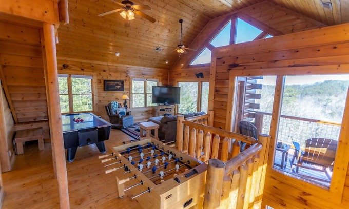 Sevierville Cabin | Mountain-View Family Retreat. Game Rooms, Hot Tub & Pet Friendly.