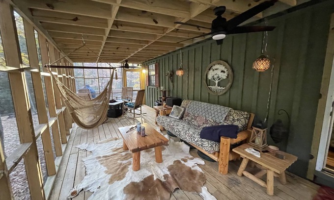Tellico Plains Cabin | Private Creekside Luxury Bohemian Lodge on Coker Creek with Oversized Hot Tub